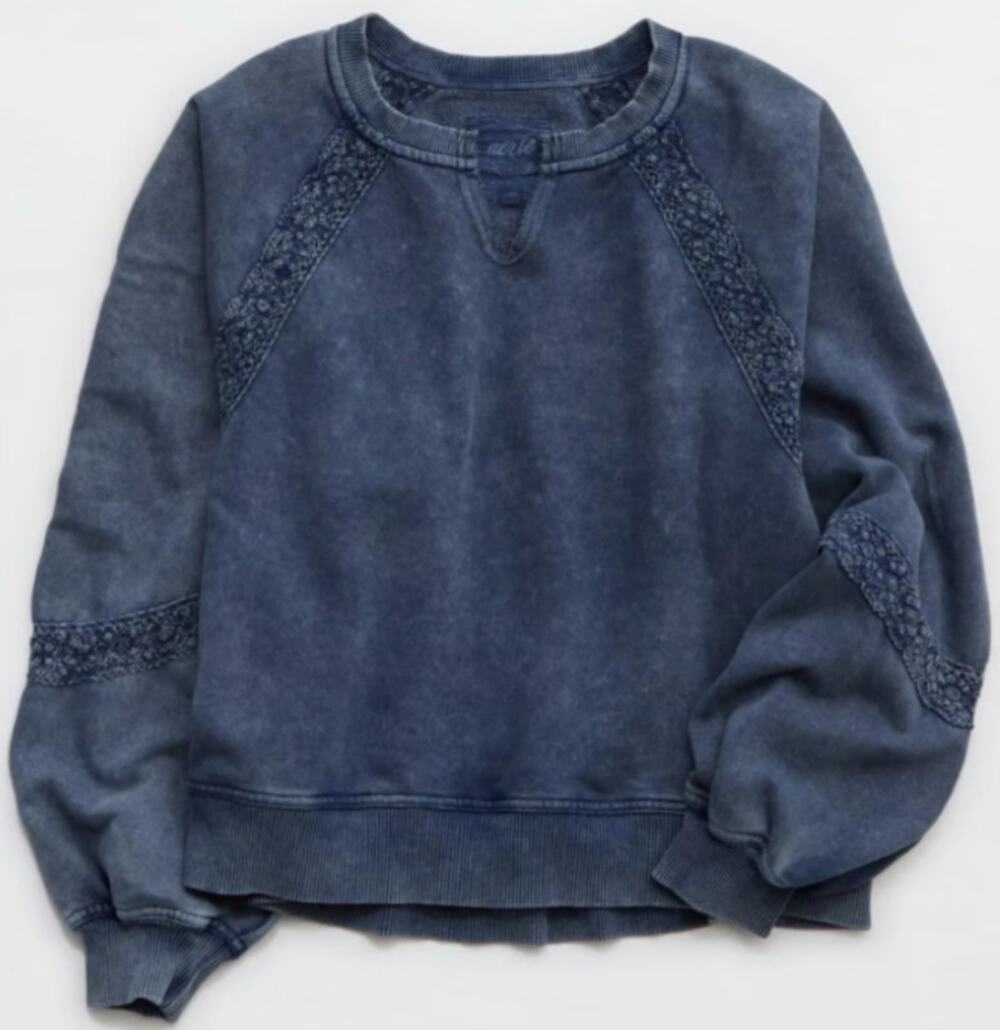 Aerie Hey Crochet Oversized Sweatshirt Washed Navy Blue Size Small
